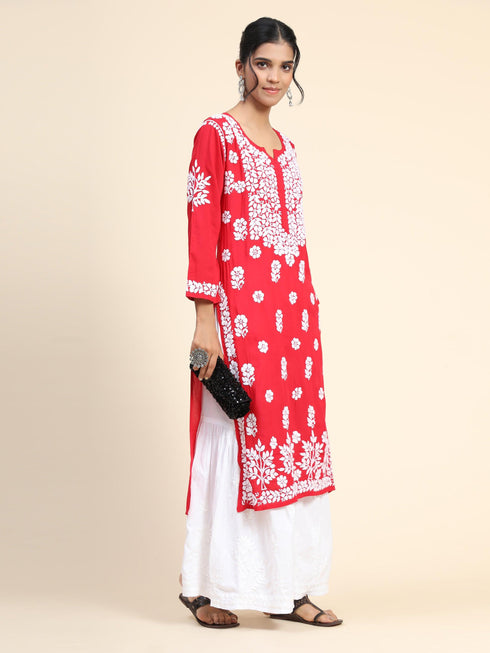 Samma Premium Hand Embroidery Chikankari Kurta in Modal Cotton- Red